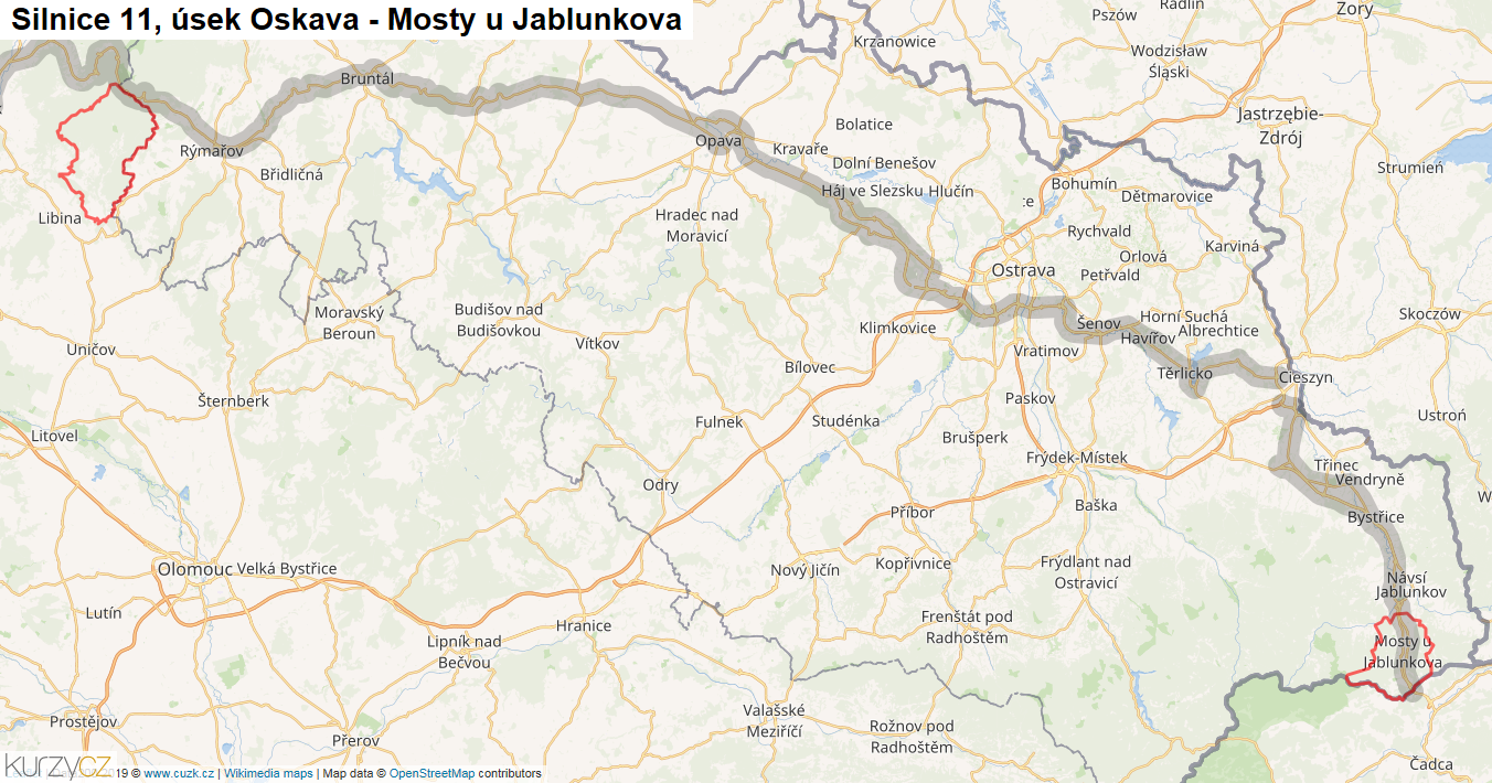 Úsek Oskava - Mosty u Jablunkova, Silnice 11 - Mapa