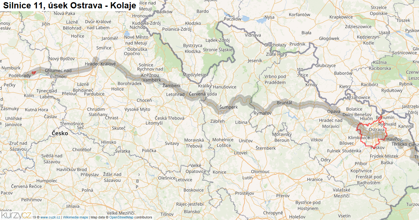 Úsek Ostrava - Kolaje, Silnice 11 - Mapa