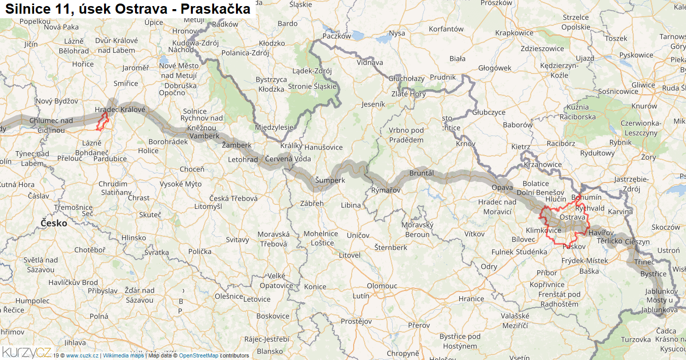 Úsek Ostrava - Praskačka, Silnice 11 - Mapa