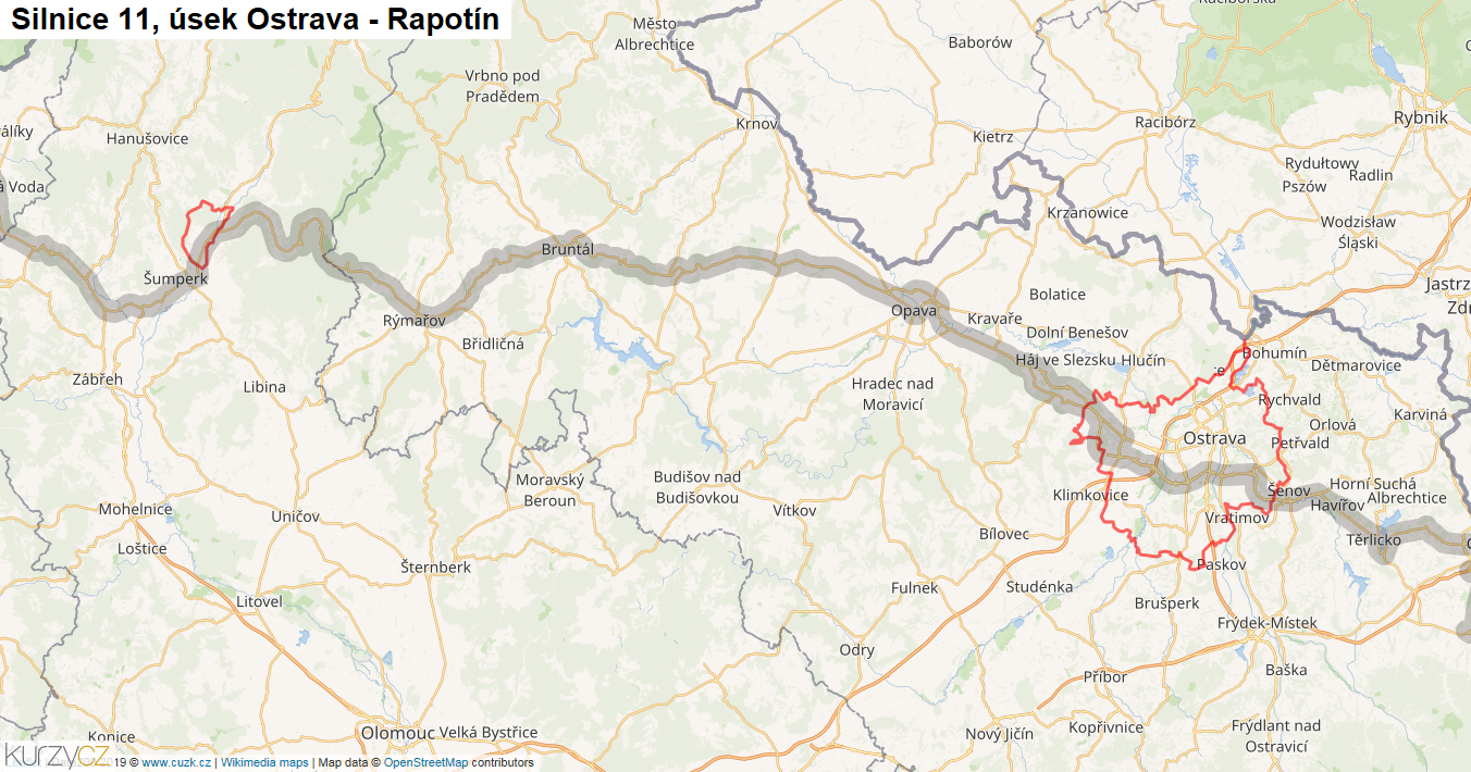 Úsek Ostrava - Rapotín, Silnice 11 - Mapa