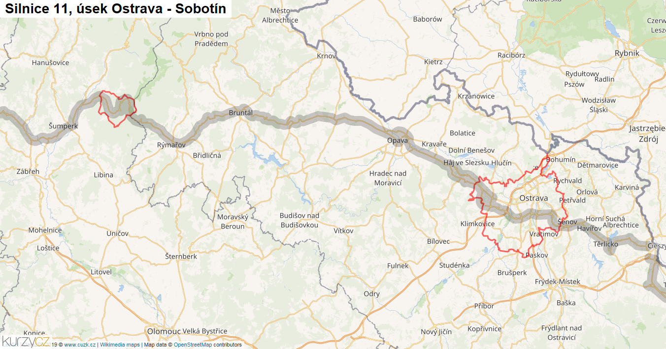Úsek Ostrava - Sobotín, Silnice 11 - Mapa