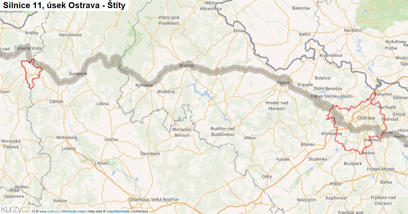 Úsek Ostrava - Štíty, Silnice 11 - Mapa