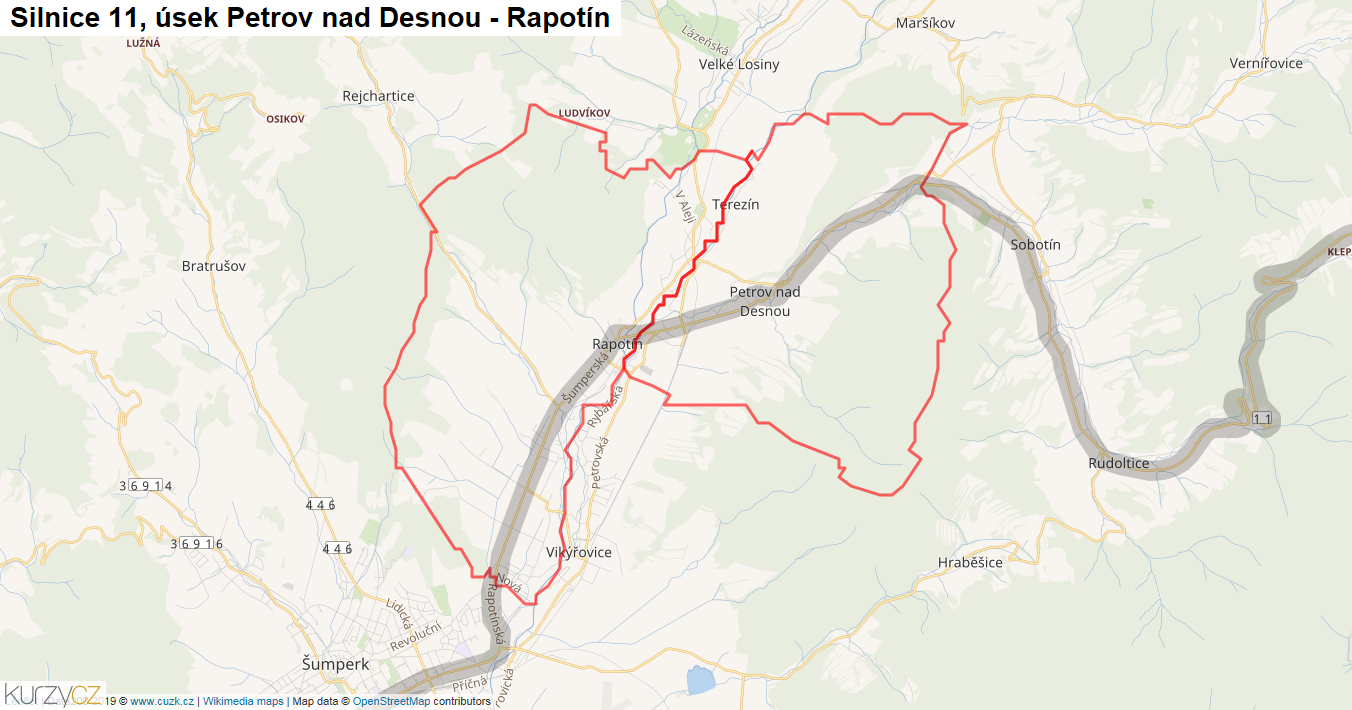 Úsek Petrov nad Desnou - Rapotín, Silnice 11 - Mapa