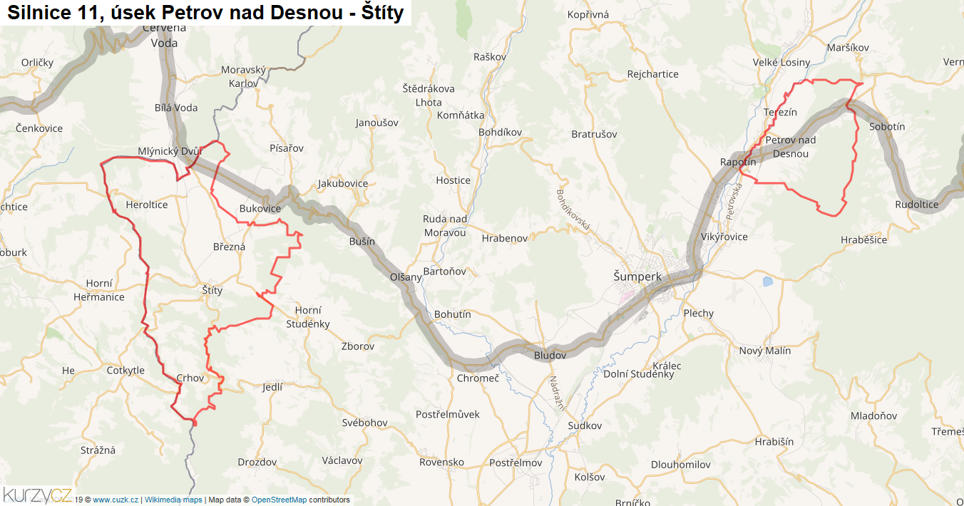 Úsek Petrov nad Desnou - Štíty, Silnice 11 - Mapa