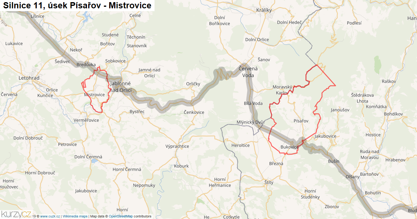 Úsek Písařov - Mistrovice, Silnice 11 - Mapa