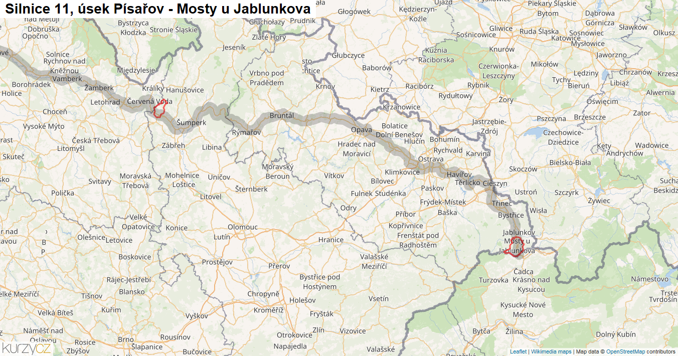 Úsek Písařov - Mosty u Jablunkova, Silnice 11 - Mapa