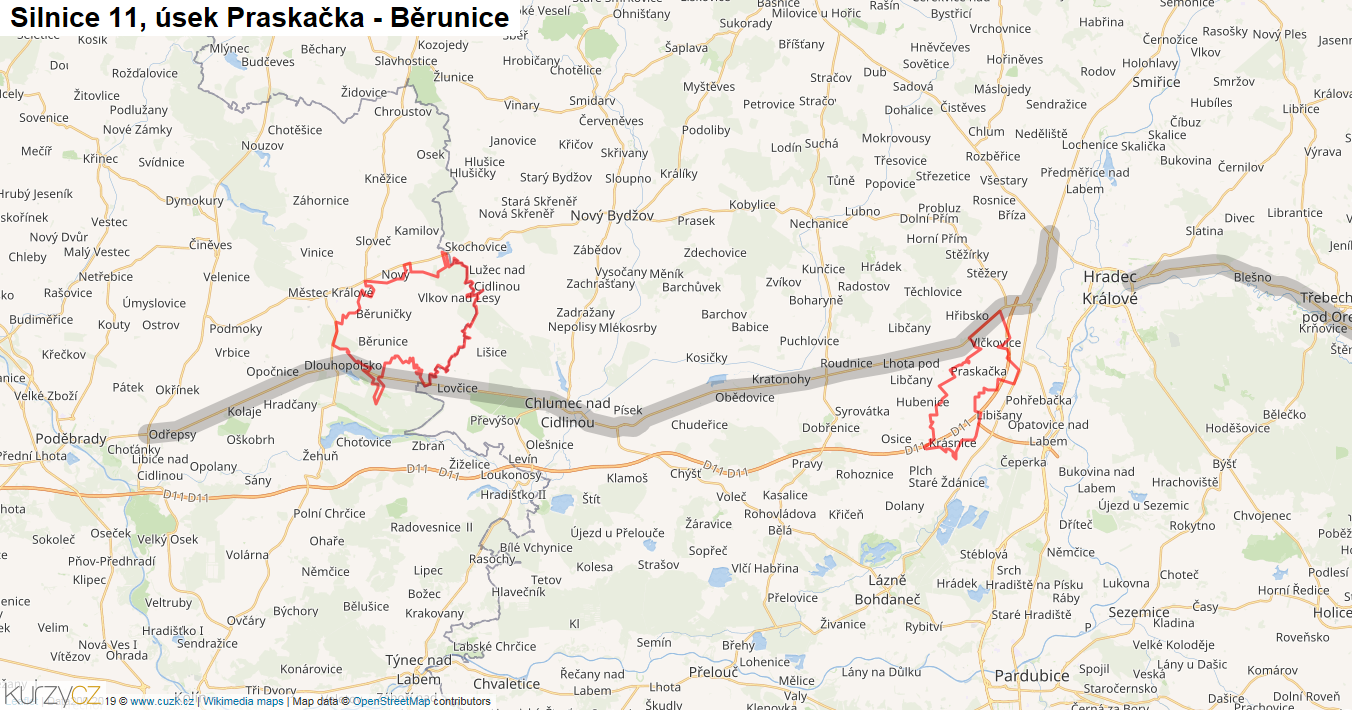Úsek Praskačka - Běrunice, Silnice 11 - Mapa