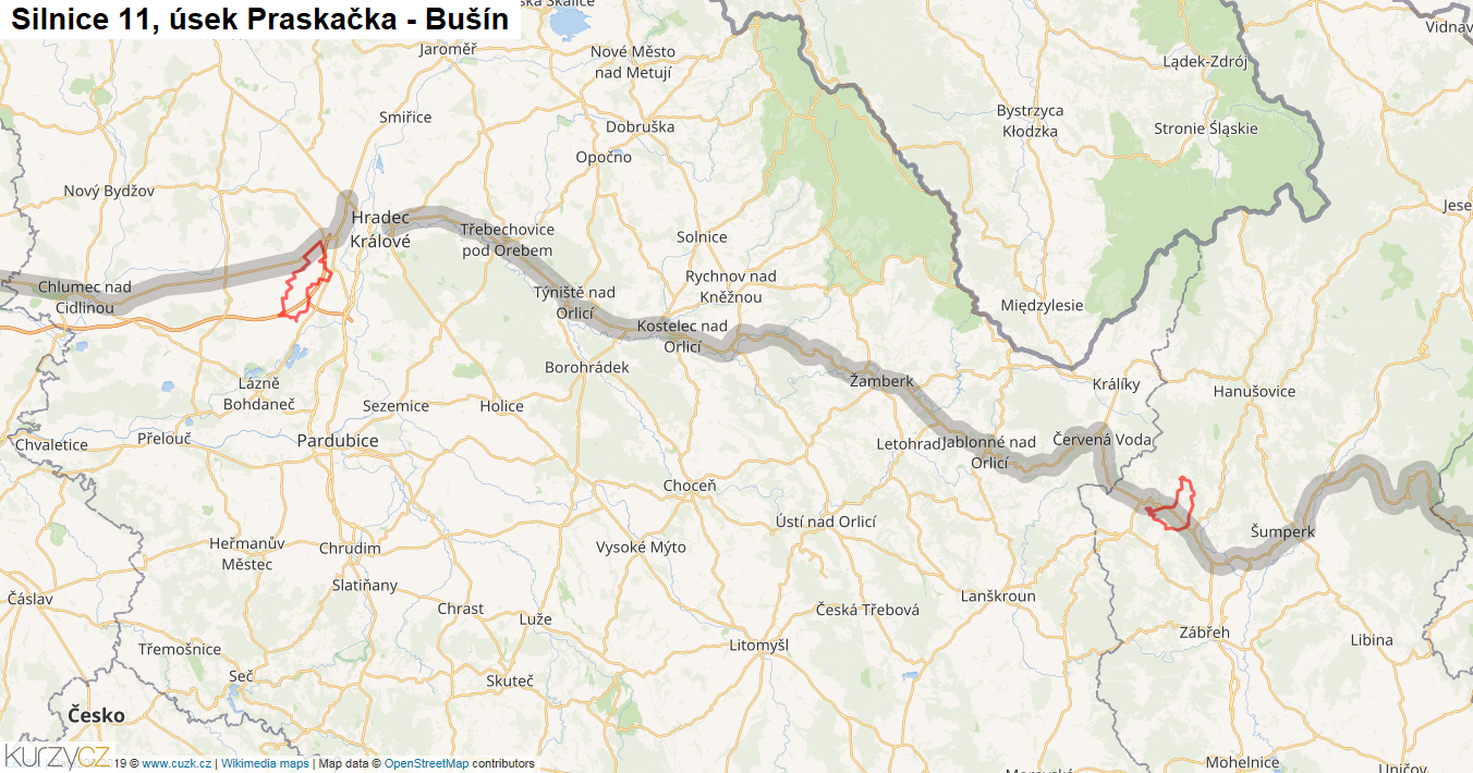 Úsek Praskačka - Bušín, Silnice 11 - Mapa