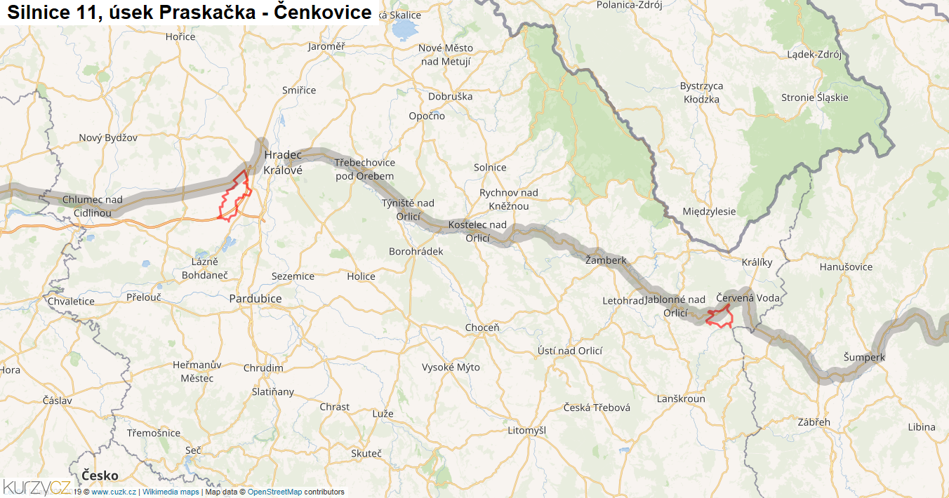 Úsek Praskačka - Čenkovice, Silnice 11 - Mapa