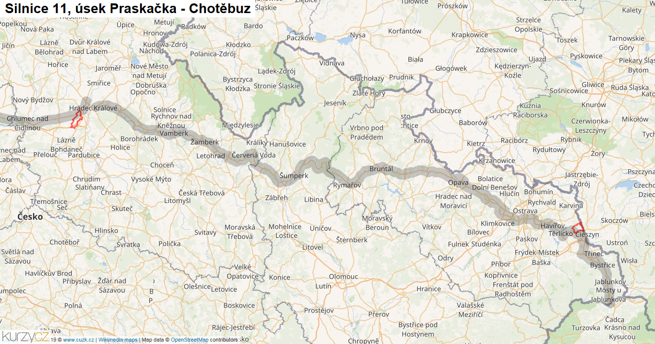 Úsek Praskačka - Chotěbuz, Silnice 11 - Mapa