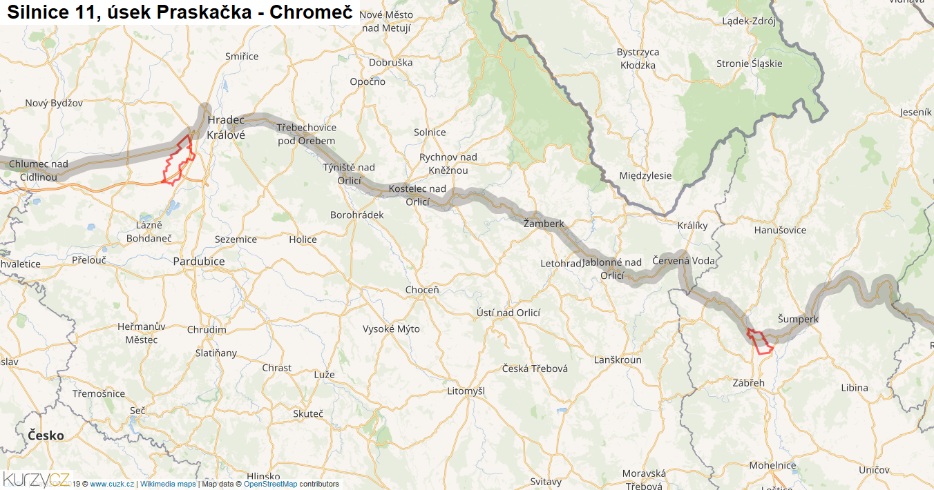 Úsek Praskačka - Chromeč, Silnice 11 - Mapa