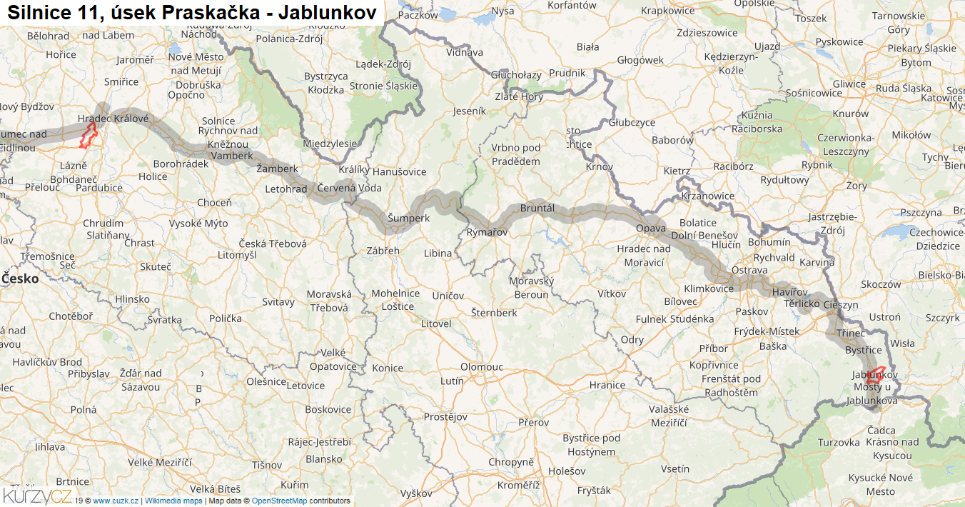 Úsek Praskačka - Jablunkov, Silnice 11 - Mapa