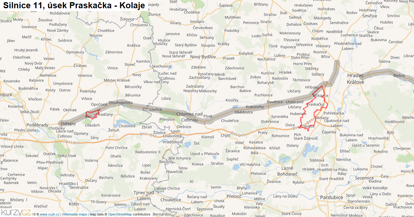 Úsek Praskačka - Kolaje, Silnice 11 - Mapa