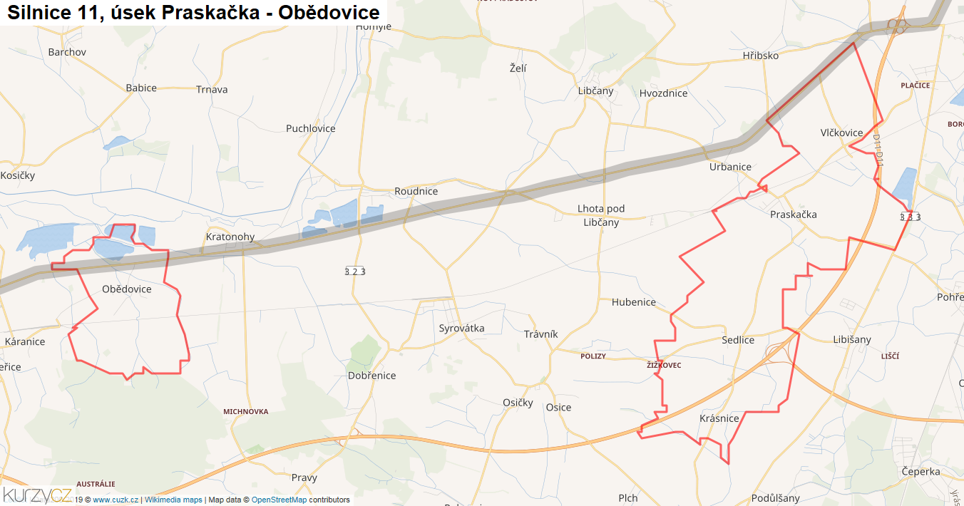 Úsek Praskačka - Obědovice, Silnice 11 - Mapa