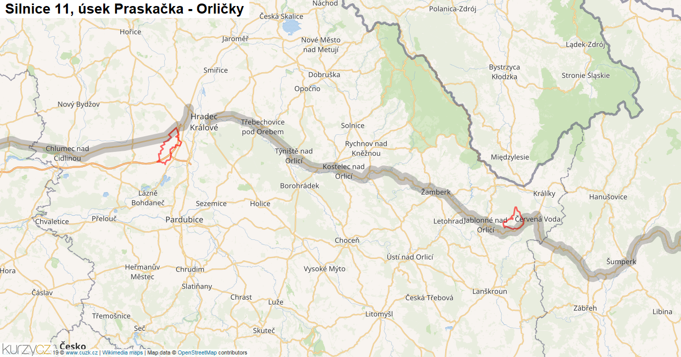 Úsek Praskačka - Orličky, Silnice 11 - Mapa
