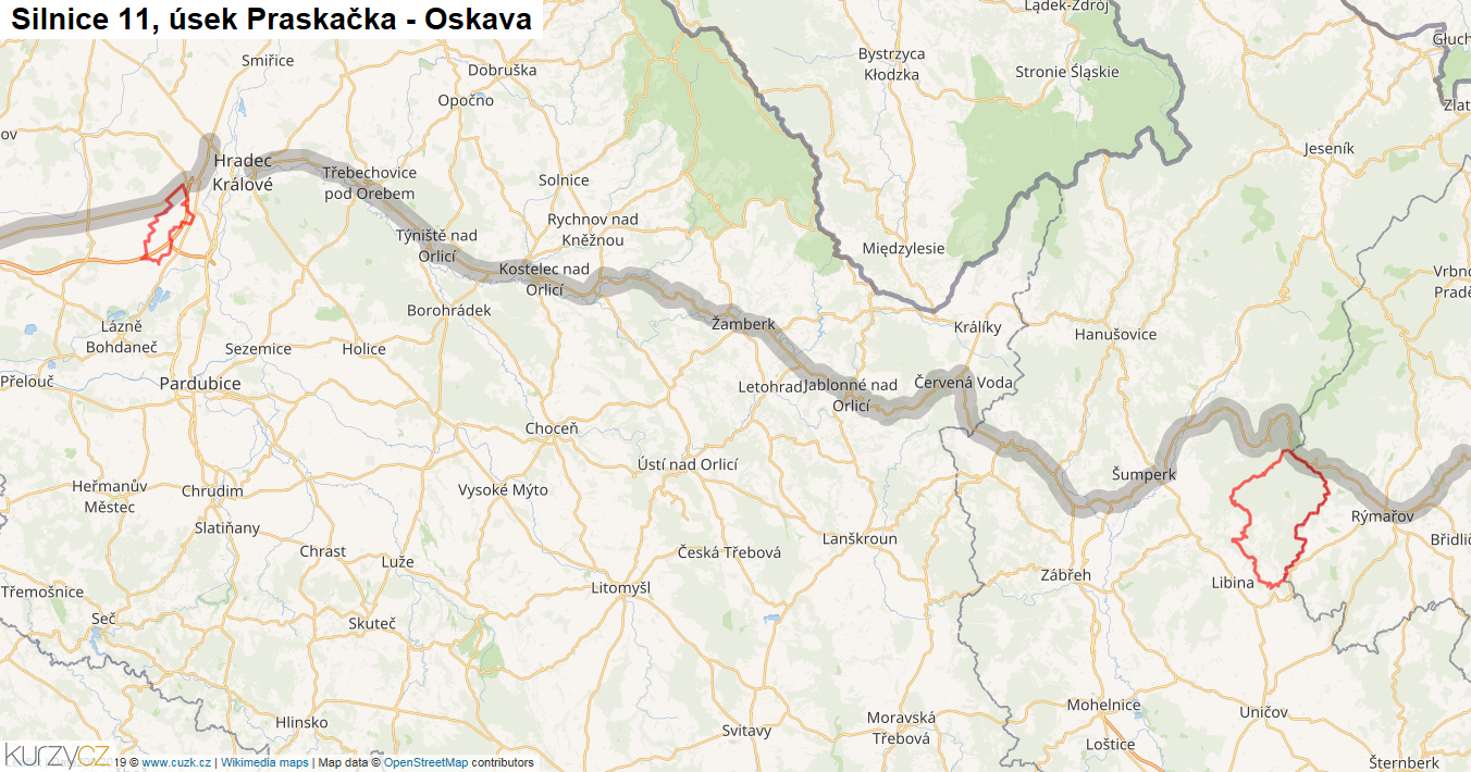 Úsek Praskačka - Oskava, Silnice 11 - Mapa