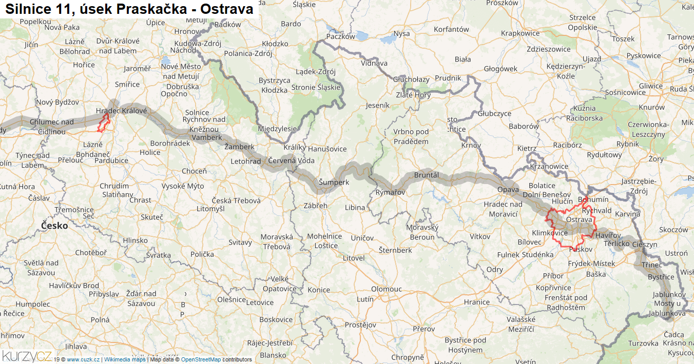 Úsek Praskačka - Ostrava, Silnice 11 - Mapa