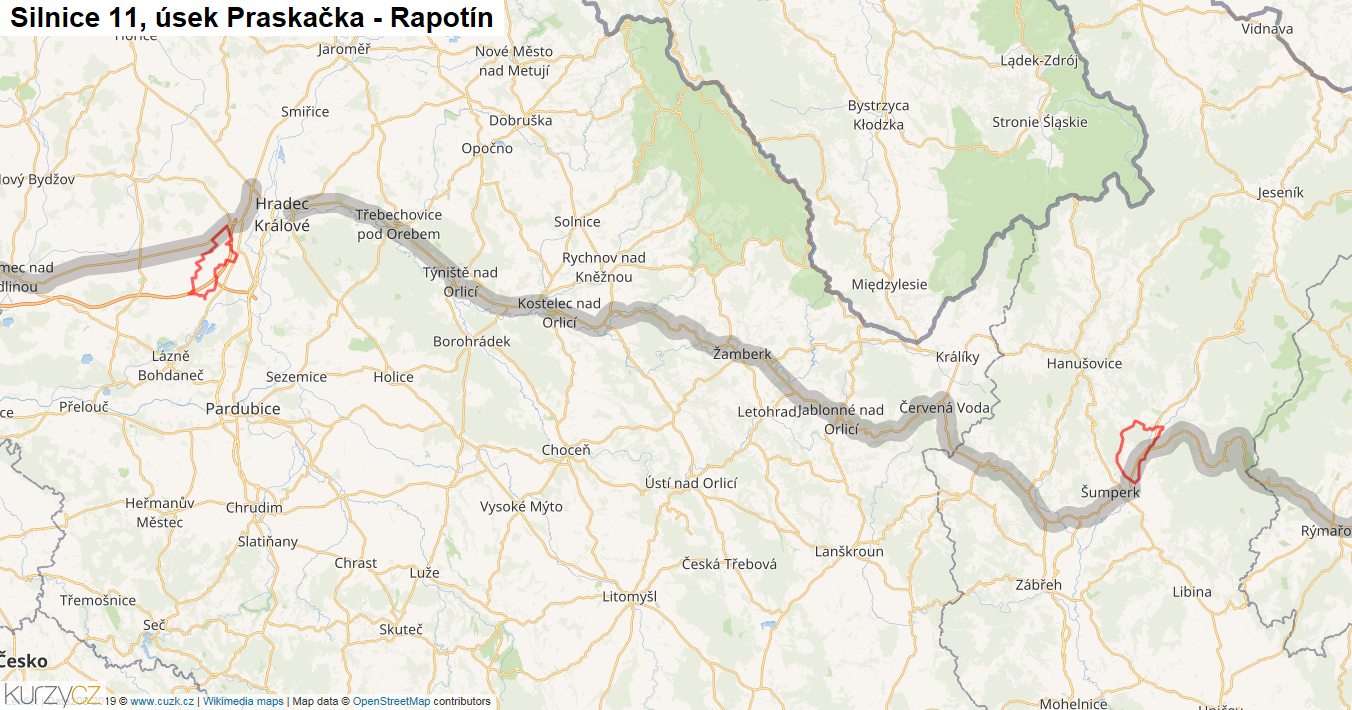 Úsek Praskačka - Rapotín, Silnice 11 - Mapa