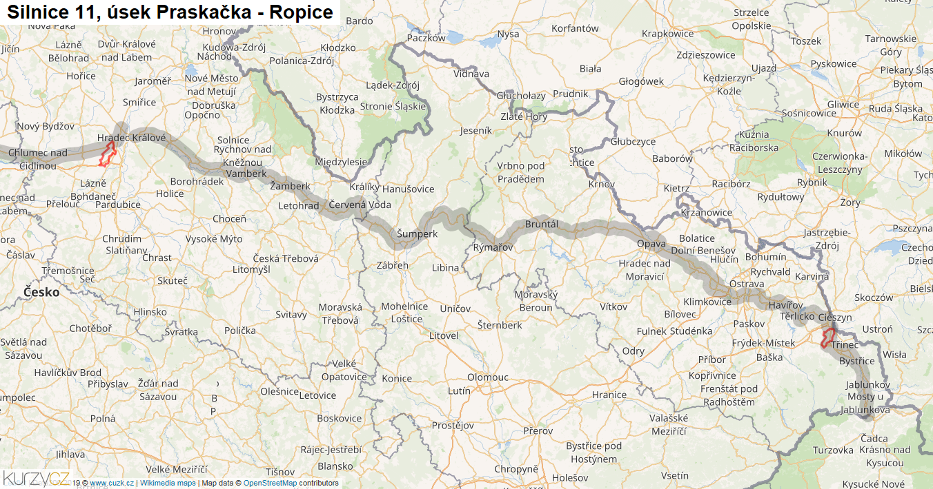Úsek Praskačka - Ropice, Silnice 11 - Mapa