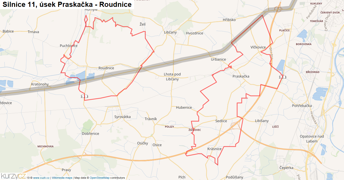 Úsek Praskačka - Roudnice, Silnice 11 - Mapa