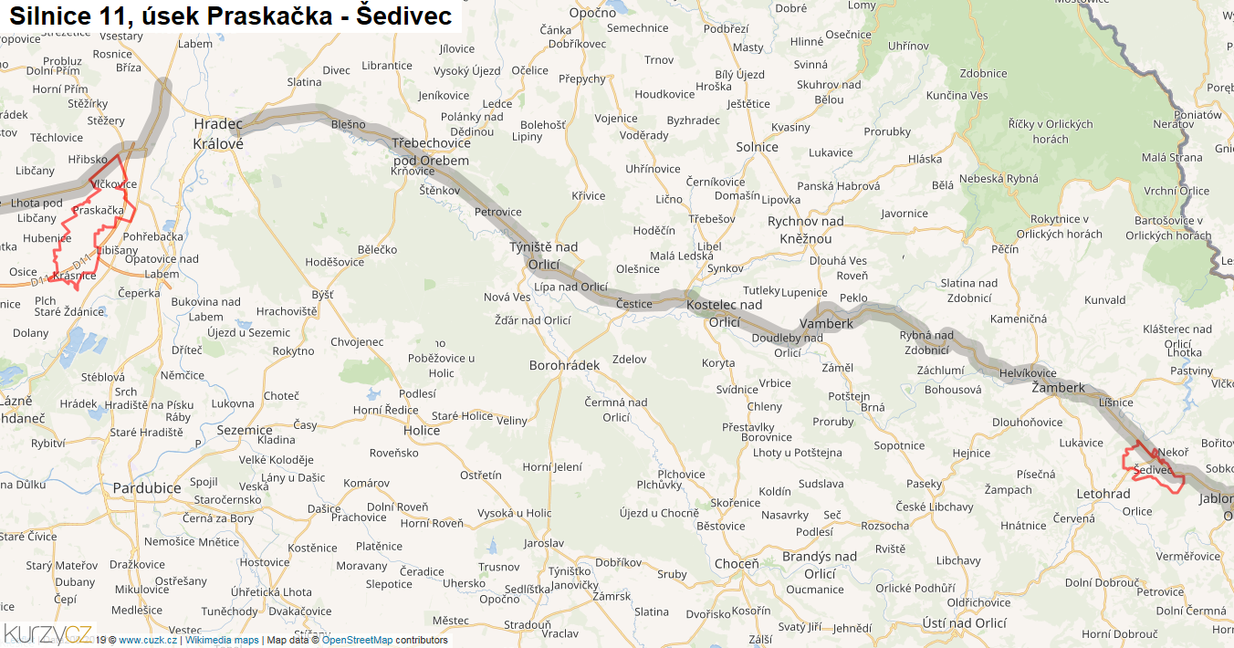 Úsek Praskačka - Šedivec, Silnice 11 - Mapa