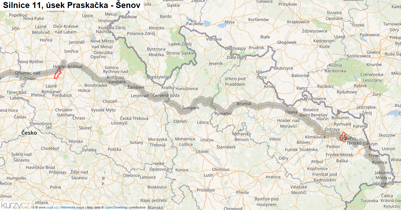 Úsek Praskačka - Šenov, Silnice 11 - Mapa