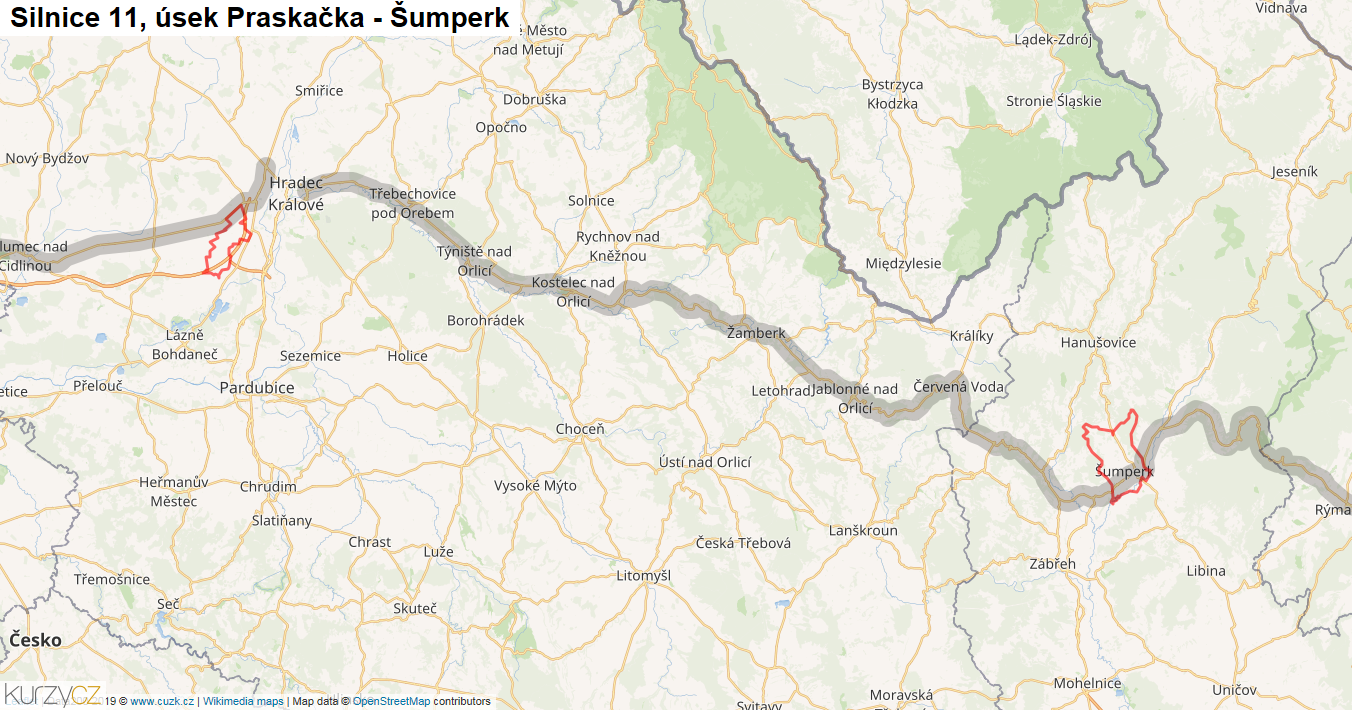 Úsek Praskačka - Šumperk, Silnice 11 - Mapa