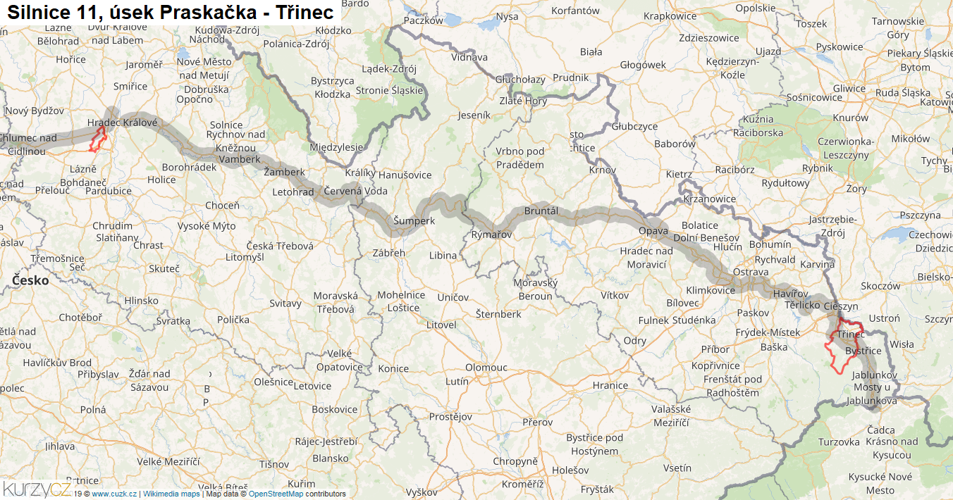 Úsek Praskačka - Třinec, Silnice 11 - Mapa