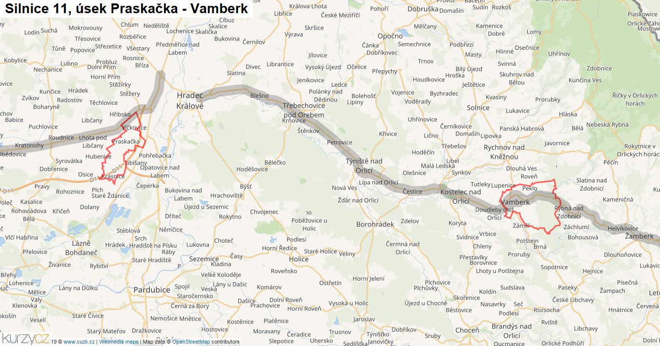 Úsek Praskačka - Vamberk, Silnice 11 - Mapa