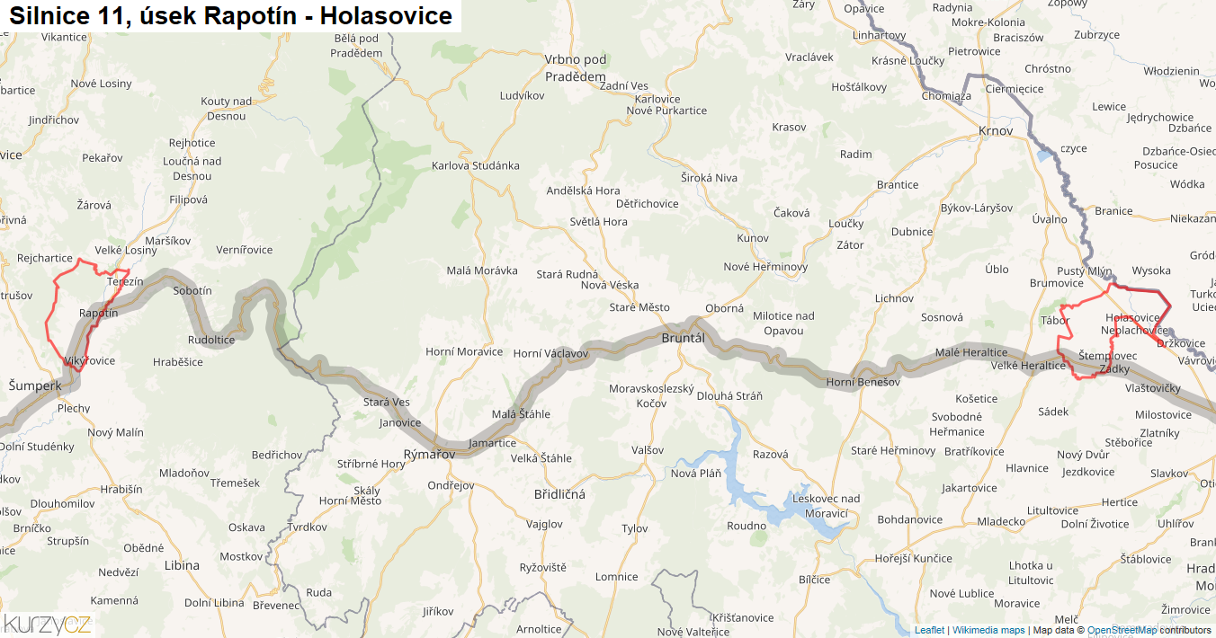 Úsek Rapotín - Holasovice, Silnice 11 - Mapa