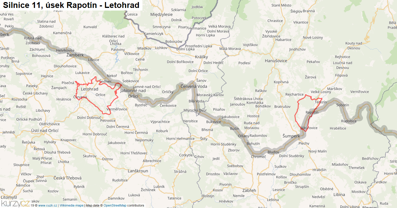 Úsek Rapotín - Letohrad, Silnice 11 - Mapa