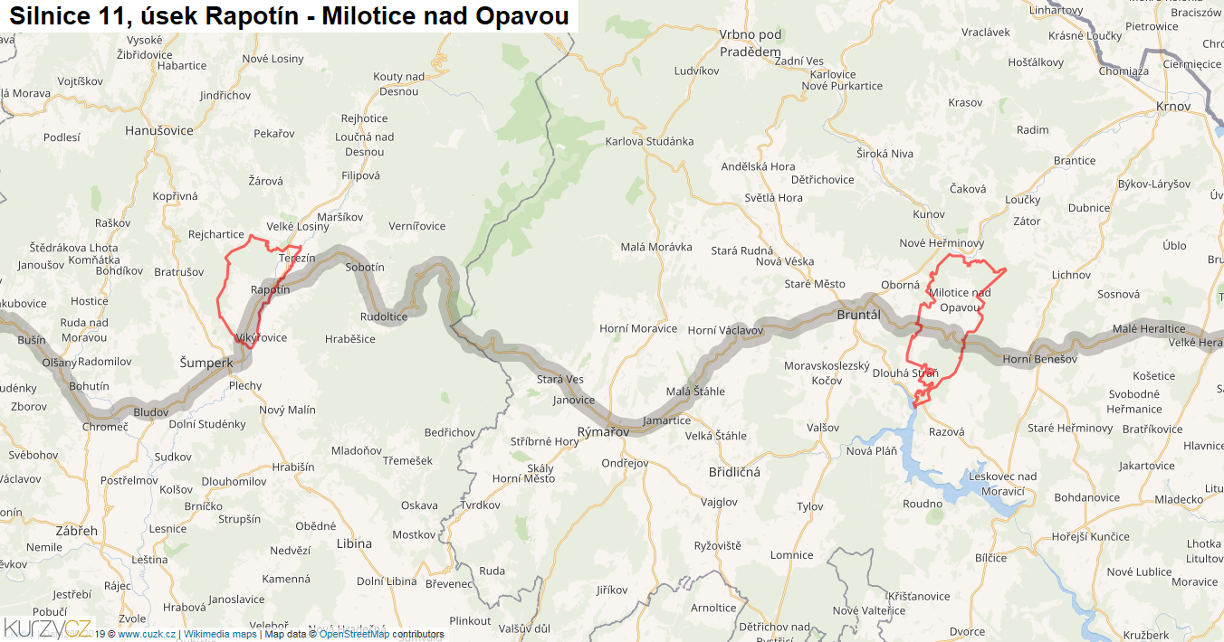Úsek Rapotín - Milotice nad Opavou, Silnice 11 - Mapa