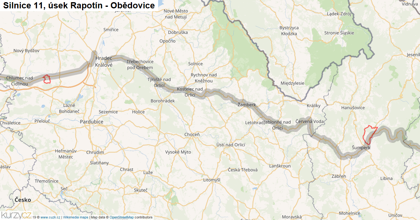 Úsek Rapotín - Obědovice, Silnice 11 - Mapa
