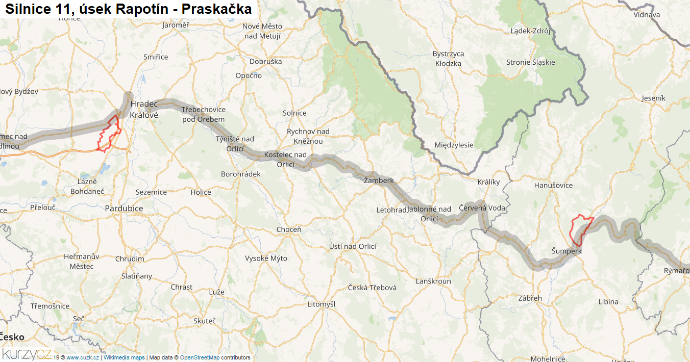 Úsek Rapotín - Praskačka, Silnice 11 - Mapa