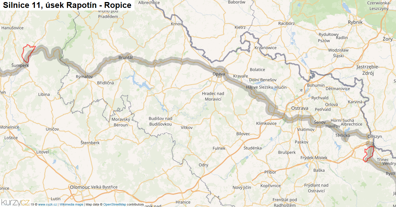 Úsek Rapotín - Ropice, Silnice 11 - Mapa