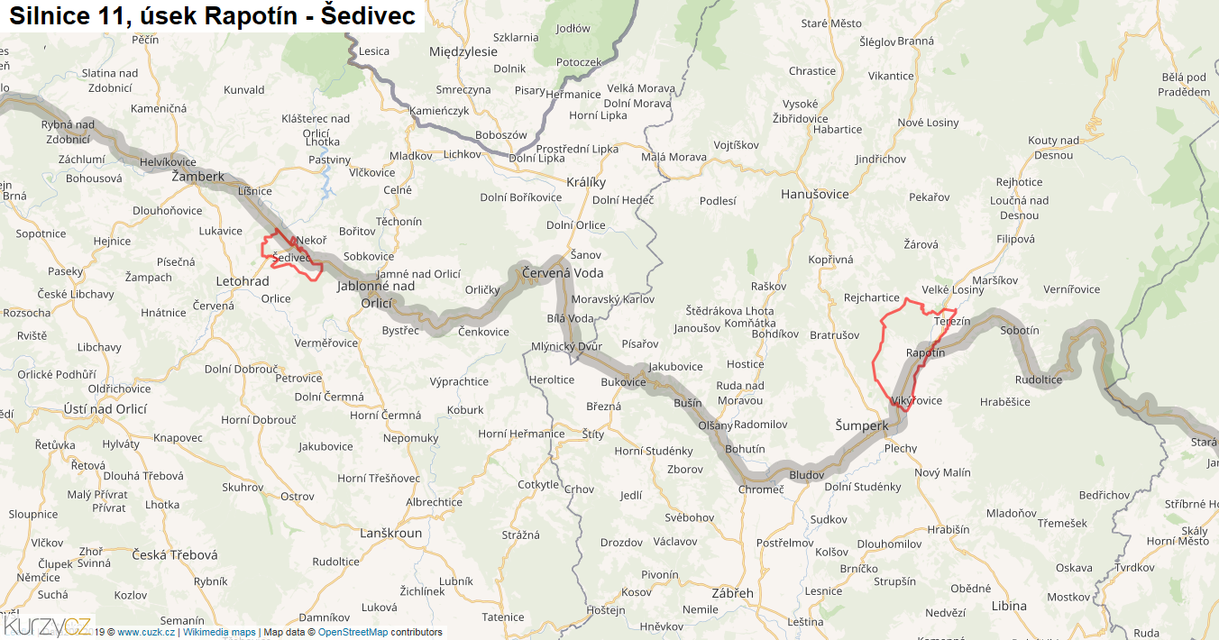 Úsek Rapotín - Šedivec, Silnice 11 - Mapa