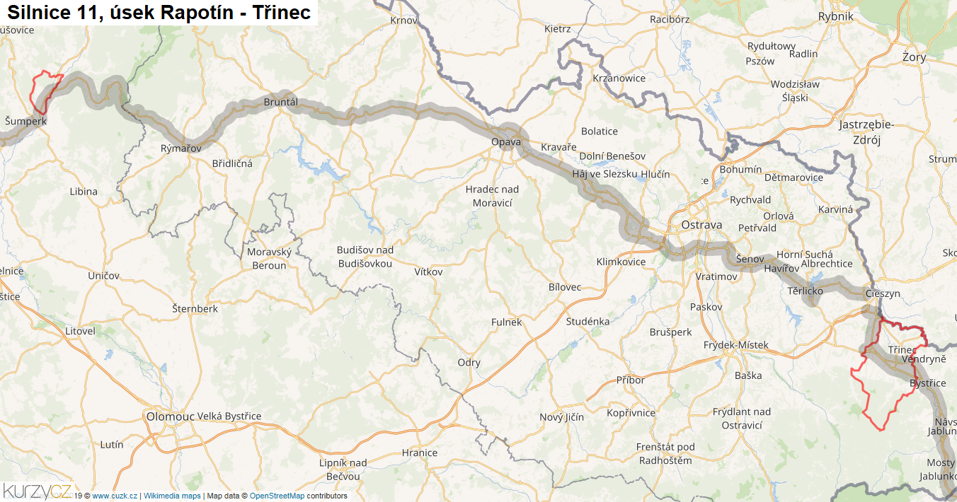 Úsek Rapotín - Třinec, Silnice 11 - Mapa