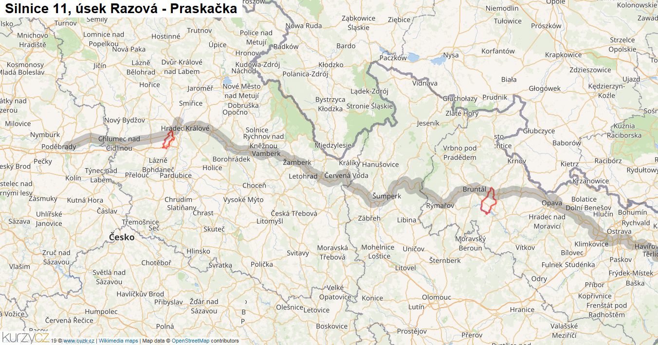 Úsek Razová - Praskačka, Silnice 11 - Mapa