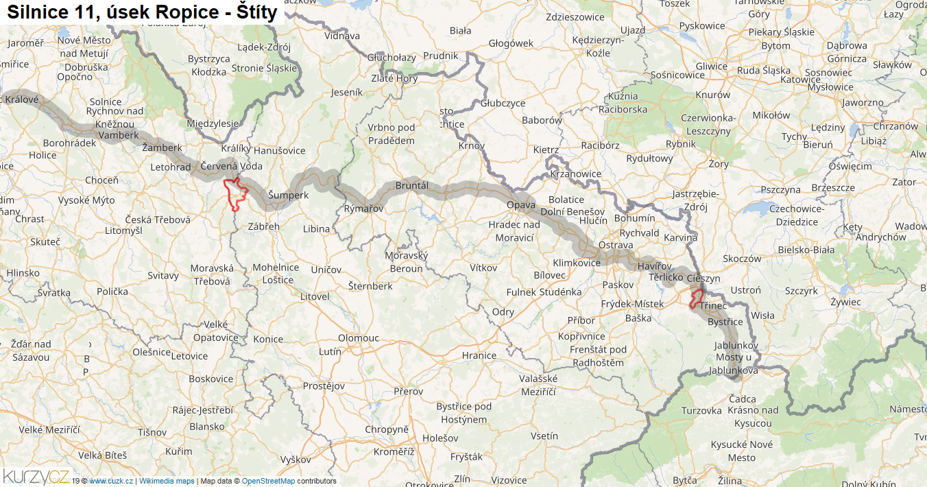 Úsek Ropice - Štíty, Silnice 11 - Mapa