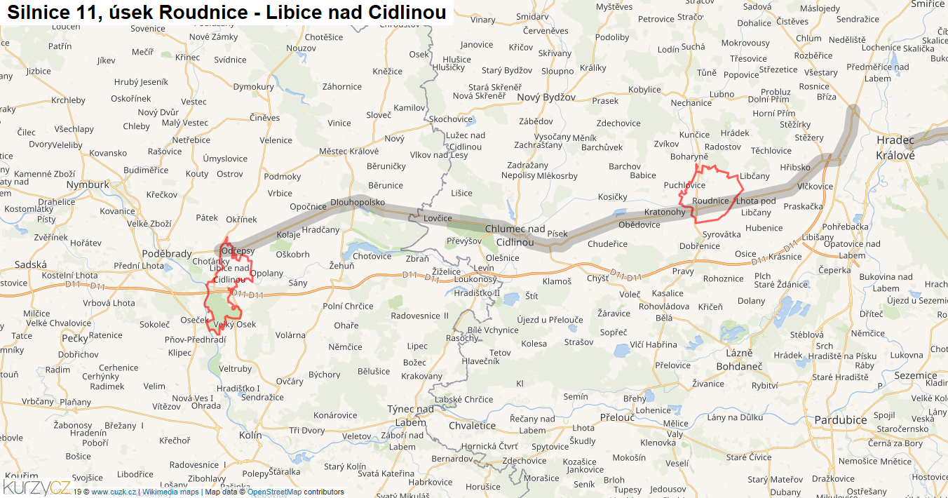 Úsek Roudnice - Libice nad Cidlinou, Silnice 11 - Mapa