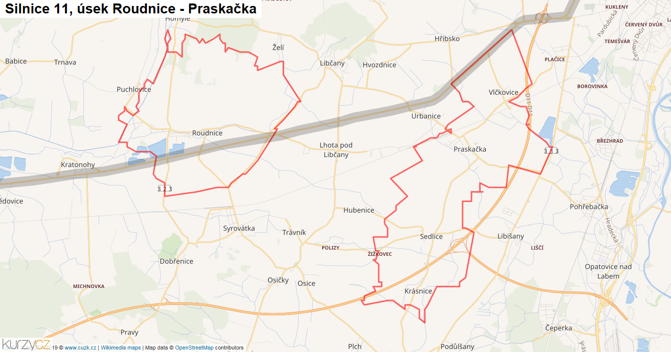 Úsek Roudnice - Praskačka, Silnice 11 - Mapa