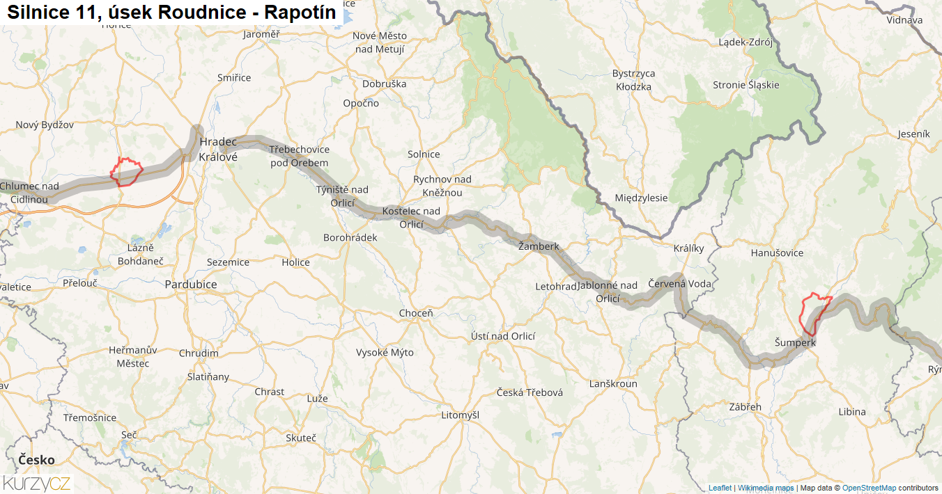 Úsek Roudnice - Rapotín, Silnice 11 - Mapa