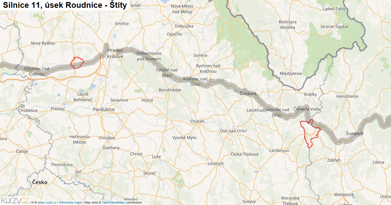 Úsek Roudnice - Štíty, Silnice 11 - Mapa