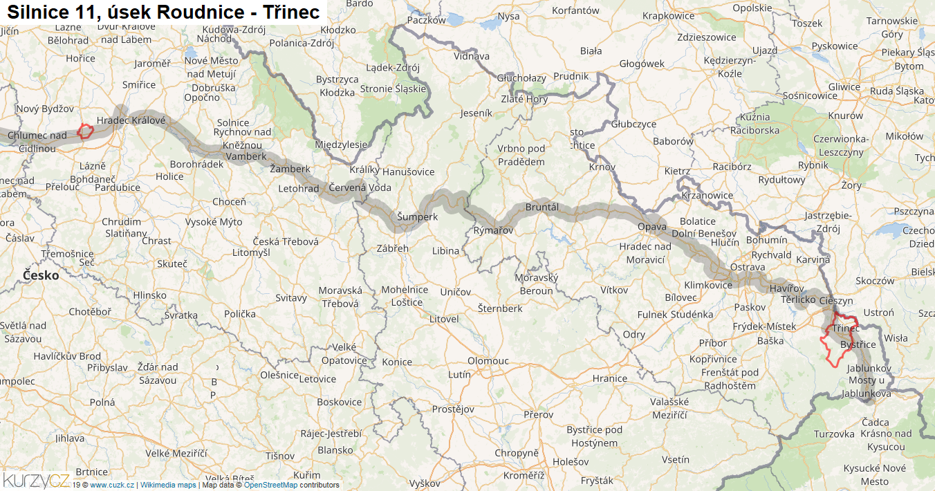 Úsek Roudnice - Třinec, Silnice 11 - Mapa