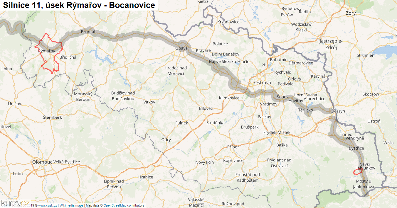 Úsek Rýmařov - Bocanovice, Silnice 11 - Mapa
