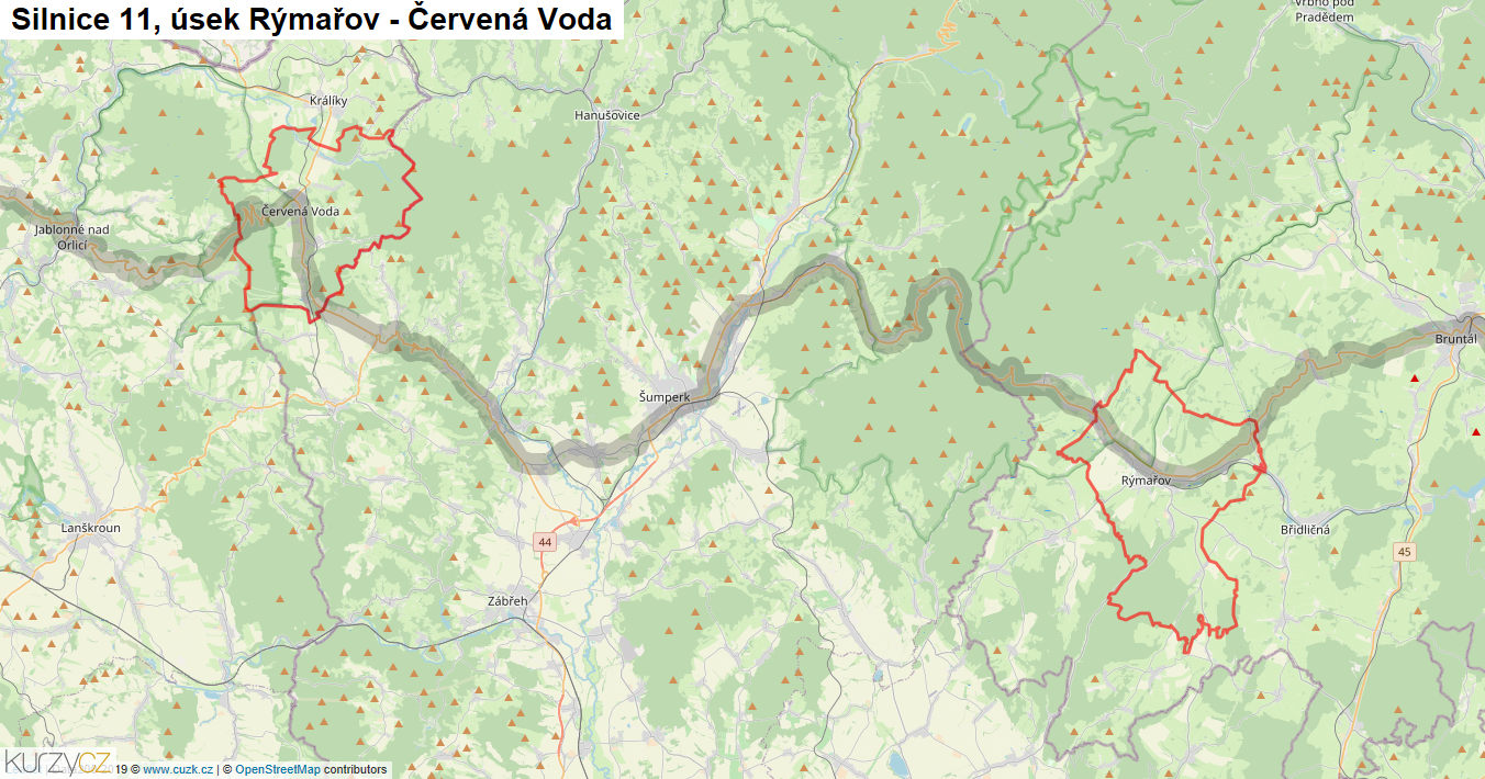 Úsek Rýmařov - Červená Voda, Silnice 11 - Mapa