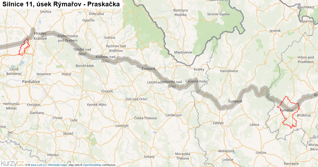Úsek Rýmařov - Praskačka, Silnice 11 - Mapa