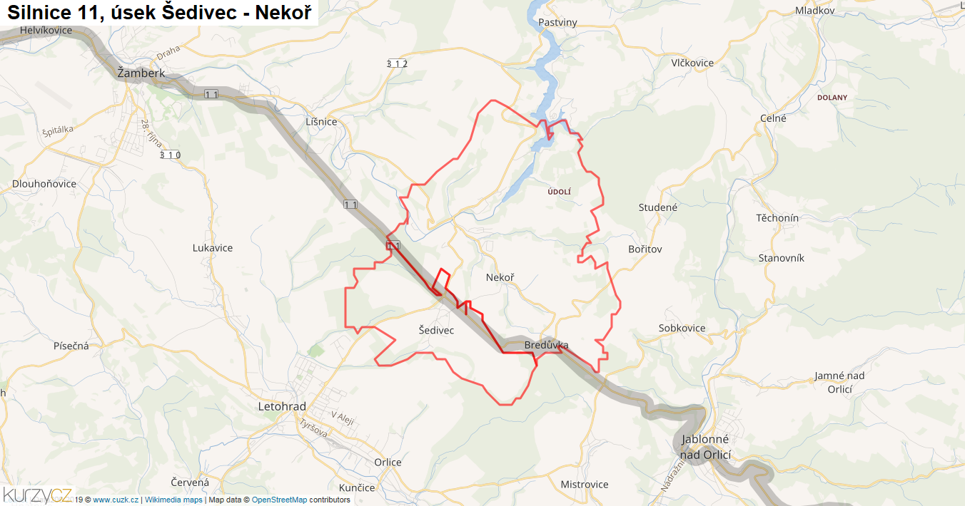 Úsek Šedivec - Nekoř, Silnice 11 - Mapa