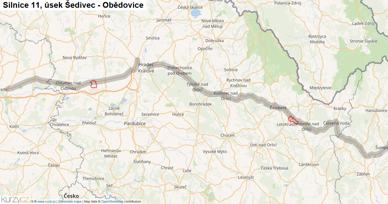 Úsek Šedivec - Obědovice, Silnice 11 - Mapa