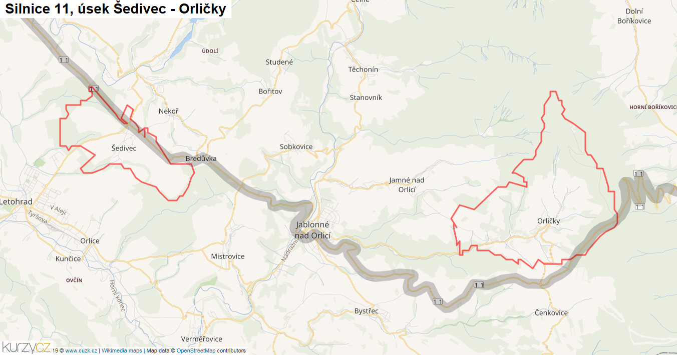 Úsek Šedivec - Orličky, Silnice 11 - Mapa